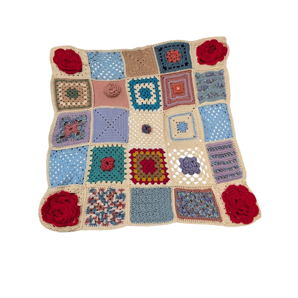Hand Crafted Beautiful Multicolored Granny Square Afghan 50 x 50 in.
